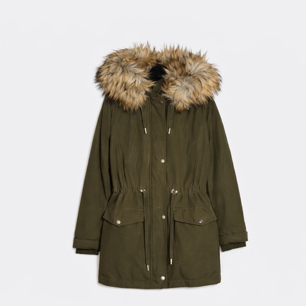 🔥 Zara Khaki Faux Fur Hooded Parka XS Winter Puffer Coat Military Green Jacket